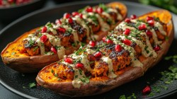 Dos papas rellenas con salsa tahini en un plato negro. Están rellenas de falafel, cubiertas con salsa tahini y decoradas con semillas de granada.