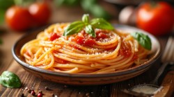 Plato de pasta con salsa de tomate siciliana, junto a tomates frescos y albahaca.