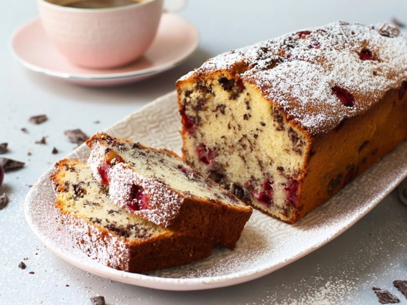 Un plato alargado con un pastel de cereza y stracciatella en forma de molde, que está cortado. En el plato hay dos rebanadas de pastel. Alrededor hay chispas y trozos de chocolate, así como cerezas frescas. Además, se puede ver una taza de café en un platillo al fondo.
