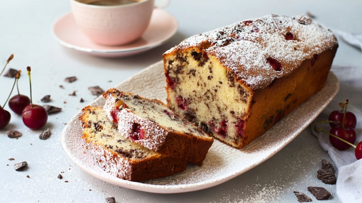 Un plato alargado con un pastel de cereza y stracciatella en forma de molde, que está cortado. En el plato hay dos rebanadas de pastel. Alrededor hay chispas y trozos de chocolate, así como cerezas frescas. Además, se puede ver una taza de café en un platillo al fondo.