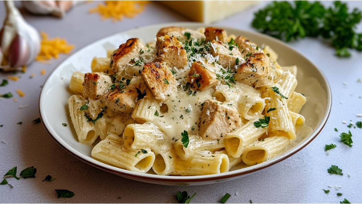 Plato de pollo con mantequilla de ajo y pasta