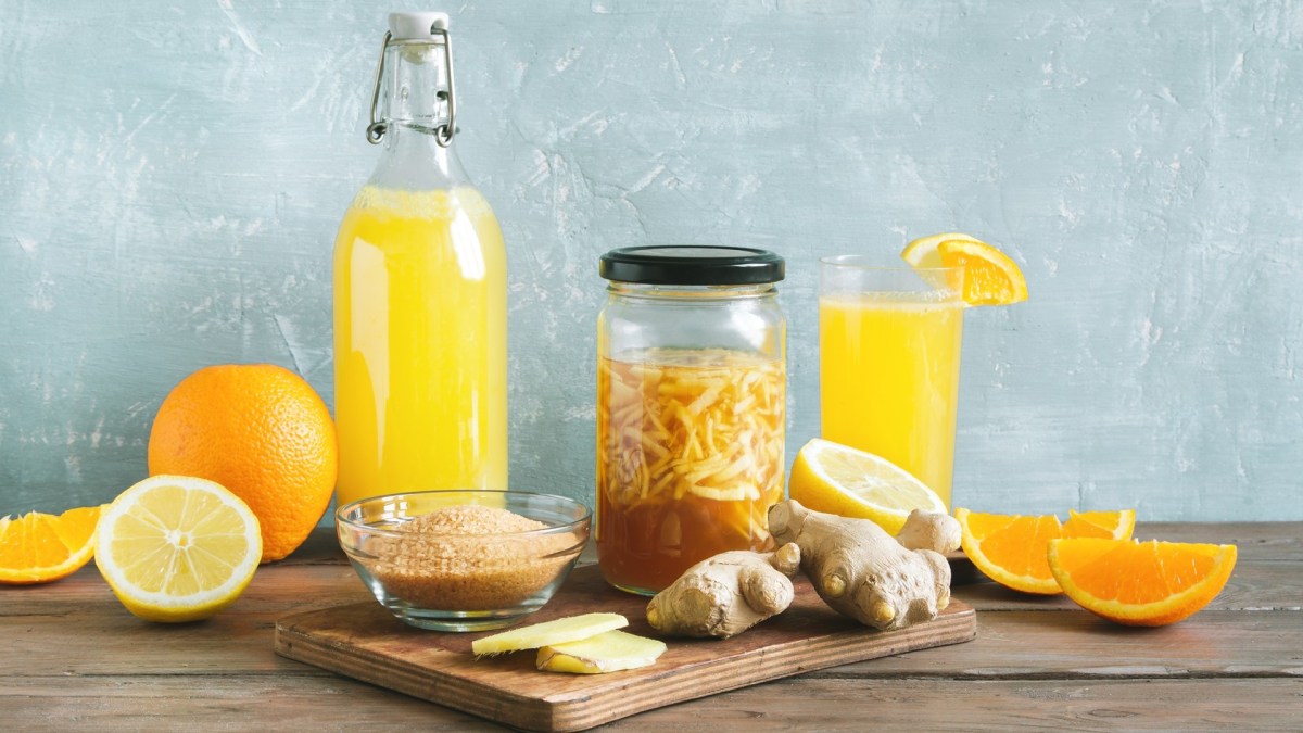 Preparación de ginger bug: un frasco con ginger bug, así como ginger beer e ingredientes.