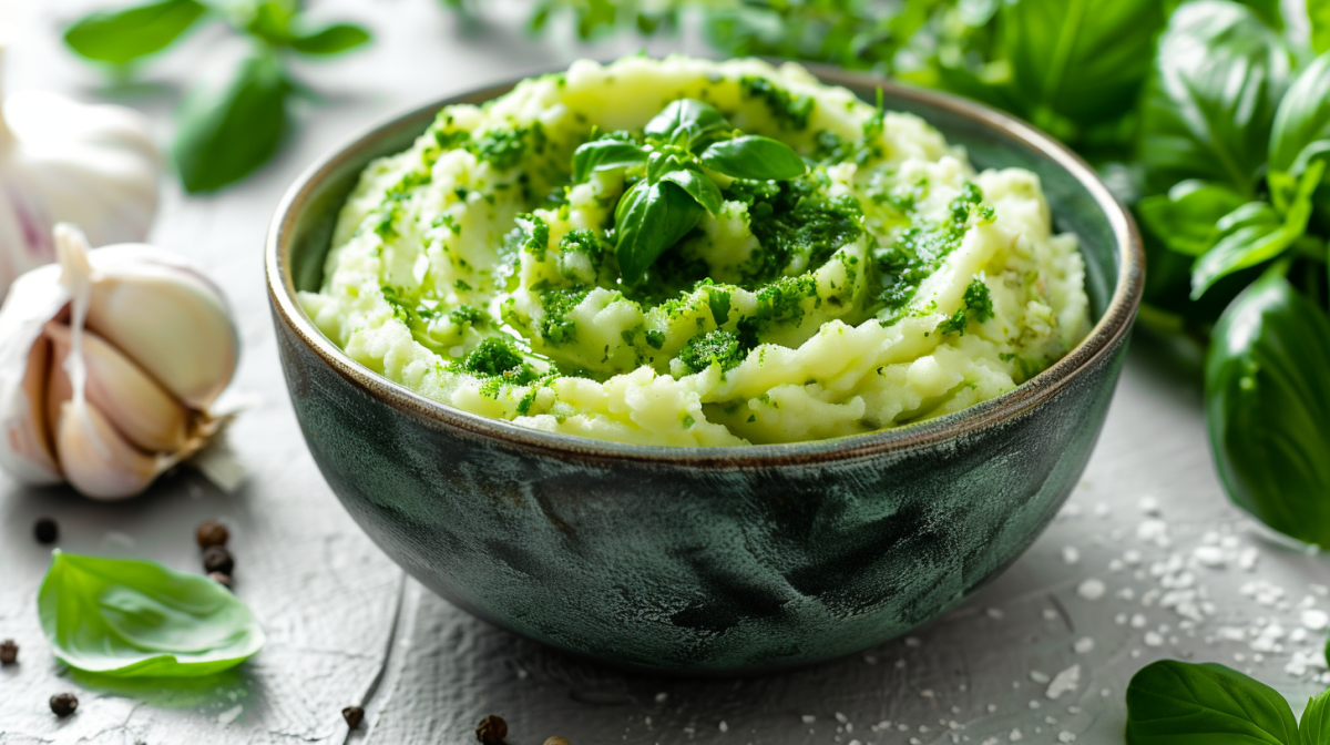 Un tazón de puré de papas con pesto de hierbas, rodeado de albahaca y ajo, primer plano.