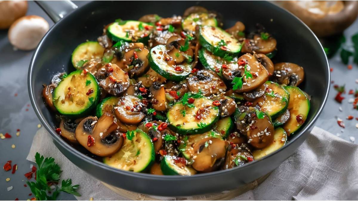 Salteado asiático de calabacín y champiñones