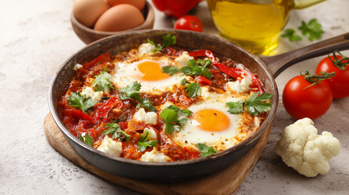 Una sartén con shakshuka de coliflor sobre una tabla.