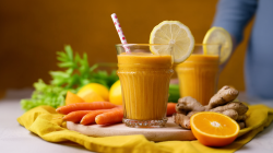 Dos vasos con smoothies ACE, decorados cada uno con una rodaja de limón y pajitas. Alrededor hay zanahorias, limones, jengibre y naranjas como decoración.