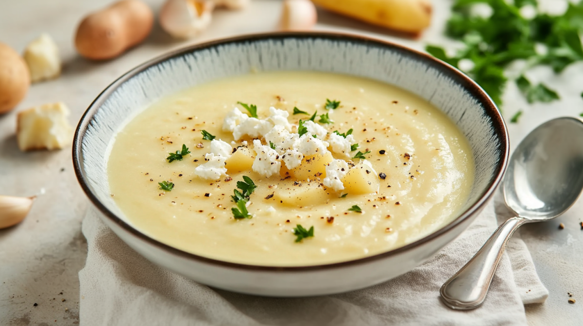 Un tazón de sopa de papa con feta, decorado con feta y perejil.