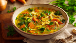 Un tazón de sopa de pollo con cúrcuma sobre una tabla de madera. La sopa de pollo está preparada con zanahorias, brócoli y hierbas frescas. Alrededor del tazón se encuentran algunos de los ingredientes. Atrás a la izquierda se ve una cebolla y zanahorias, a la derecha perejil fresco y un diente de ajo.