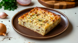 Una porción de tarta de cebolla en bandeja está en un plato marrón. A la izquierda del plato hay dos cebollas. Al fondo a la izquierda hay un manojo de perejil y media cebolla. A la derecha se ve el comienzo de una tabla de cortar con otro trozo de tarta de cebolla encima.