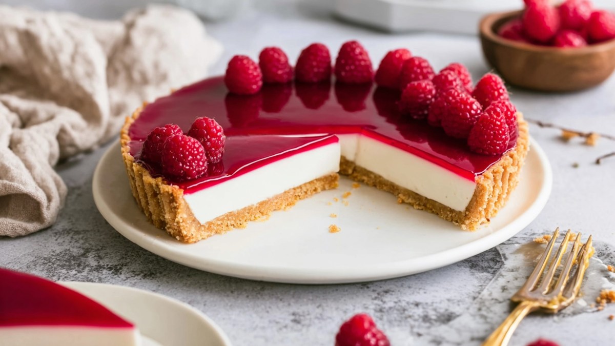 Un plato con una tarta de panna cotta de frambuesa cortada y decorada con frambuesas frescas. Junto al plato hay un viejo tenedor para pastel. Al fondo se ve un bol con frambuesas. En primer plano se puede ver un trozo de tarta en un plato.