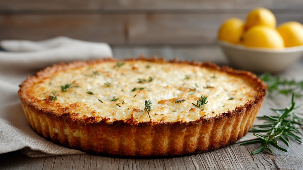 Una tarta de parmesano redonda sobre una mesa de madera. Está medio sobre un paño de cocina que está a su izquierda. Al fondo hay un tazón con limones frescos. A la derecha de la tarta de parmesano hay una ramita de romero fresco.